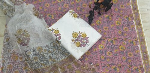 Hand Block Printed Pure Cotton Suit Set With Kota Jaipuri Doria Dupatta