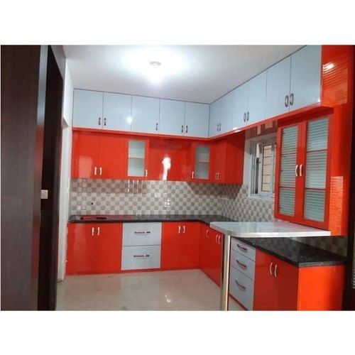 Large Orange And White Ply Wood Modern Design L Shaped Modular Kitchen