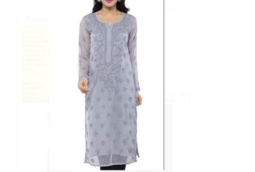 Gray Gary Regular Fit Full Sleeves Modern And Stylish Printed Chikan Kurti For Women 