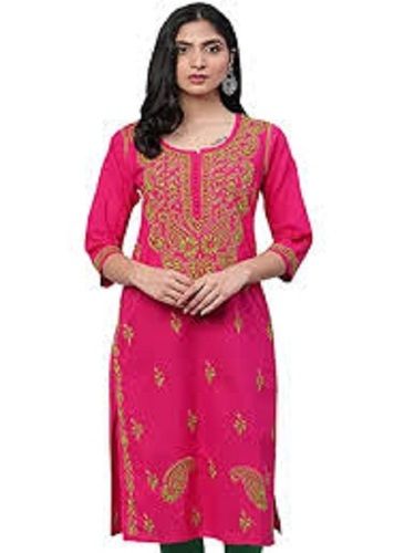 Pink 3/4Th Sleeves Round Neck Embroidered Kurti For Party Wear For Women