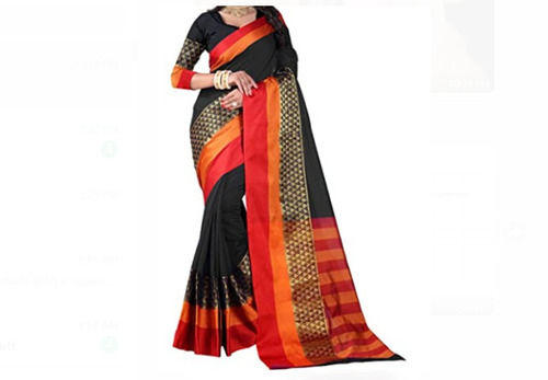 5.50 Meter Length Party Wear Red And Black Color Cotton Silk Sarees 