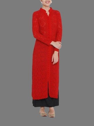 Georgette Red Plain Party Wear Georgwtte Full Sleeve Chiffon Kurti For Ladies