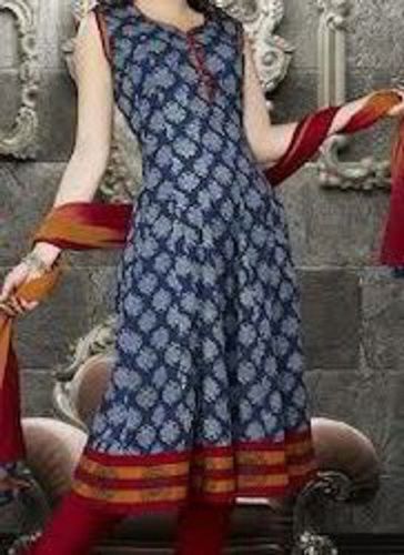 Blue Cotton Sleeveless Casual Wear Floral Designer Block Print Kurti 