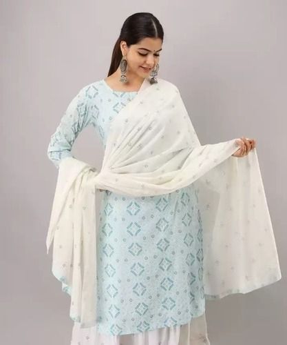 Indian Light Blue And White Casual Wear Full Sleeves Printed Cotton Sharara Suit 