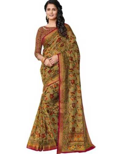 Moss Green Printed Pattern Womens Cotton Saree With Matching Blouse For Casual And Party Wear