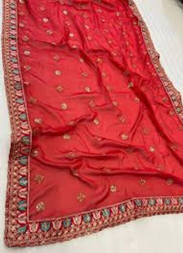 Red Traditional Designed Thread Embroidered Chiffon Fancy Saree For Ladies