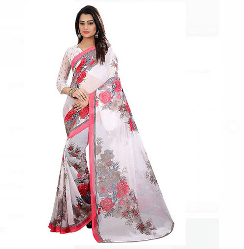 5.50 Meter Length Party Wear Easily Washable And Light Weight White And Pink Cotton Sarees