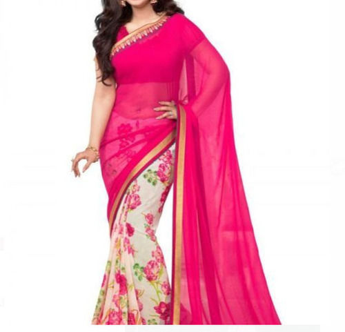 5.50 Meter Length Pink And White Floral Printed Designer Party Wear Saree 