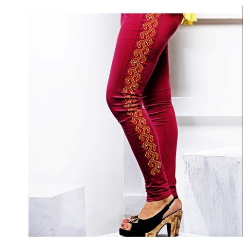 Red Cotton Printed Stretchable Skin Friendly Breathable Full Length Ladies Designer Merun Leggings