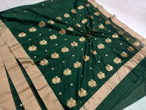 Printed Party Wear Zari Work Green And Golden Border Handloom Cotton Saree 