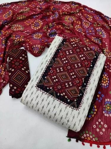 Indian Maroon And White Casual Wear Unstitched Printed Cotton Suit For Ladies 