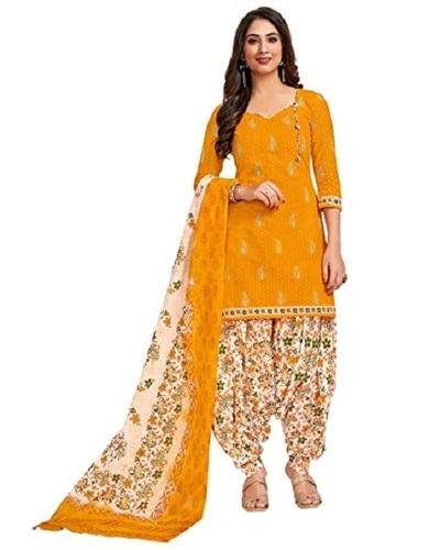 Cotton Silk Plus Size Printed Ladies Suit - Yellow Short Sleeves | Breathable Quick Dry Party Wear