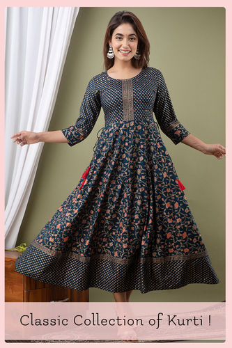 Ladies 3/4th Sleeves Knee Length Printed Anarkali Kurti for Casual Wear