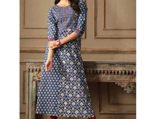 Blue Round Neck Comfortable And Breathable Casual Wear Printed Cotton Kurti For Ladies 