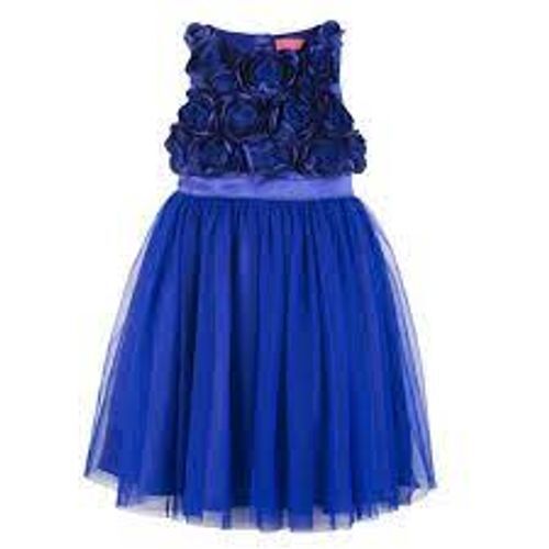 Blue Colour With Rose Flower Designed On Frunt Little Girls Frock For Party Wear Decoration Material: Stones