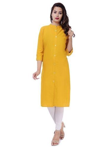 Silk Casual Wear Plain Pattern And 3/4Th Sleeve Yellow Color Kurti