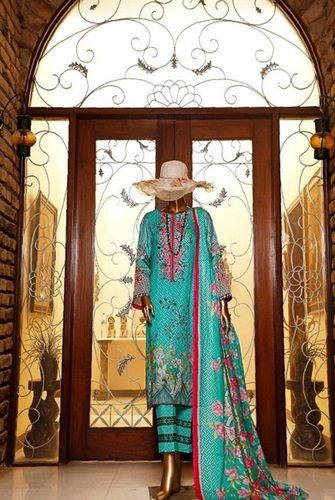 Beautiful Diamond Embroidered Printed Aqua Color Stitched Full Sleeves Rayon Suit Decoration Material: Sequins