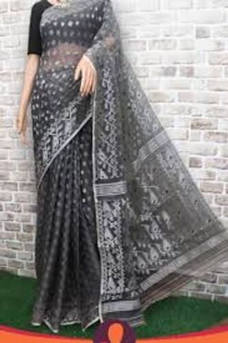 Strong High And Sensitive Quality Soft Silk Ruffle Grey Jamdani Sarees For Women