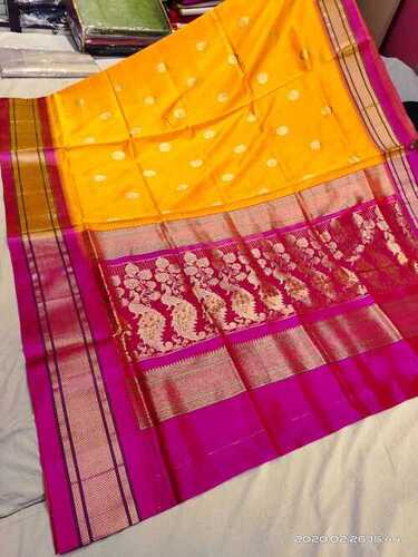 Yellow And Pink Bright Color Pure Silk Traditional Paithani Sarees With Heavy Border