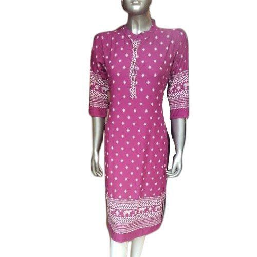 Comfortable Pink And White 3/4th Sleeves Printed Stylish Rayon Kurti For Ladies