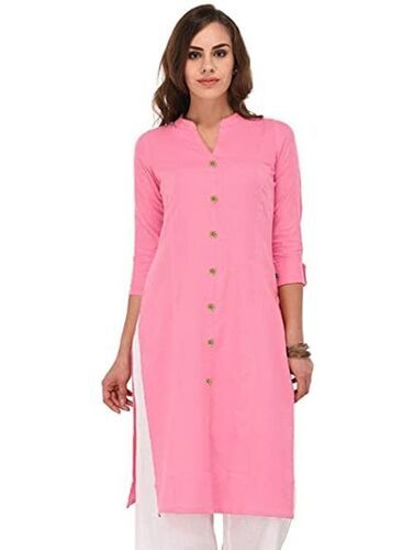 Cotton Ankle Length Pink Cotton Kurta For Ladies