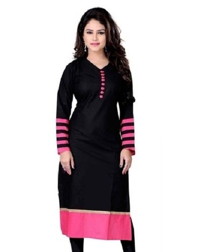 Black And Pink O-Neck Full Sleeve Printed Cotton Ladies Kurti