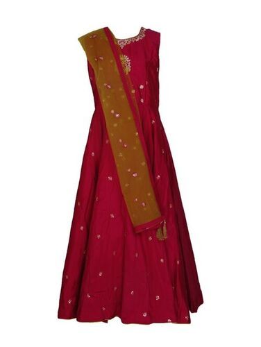 Red Party Wear Comfortable Cotton Silk Washable Frock Type Salwar Kameez