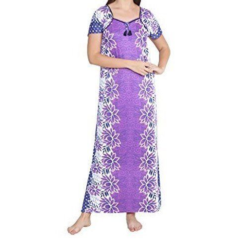 Blu Comfortable And Breathable Skin Friendly Cotton Long Designer Nights For Ladies