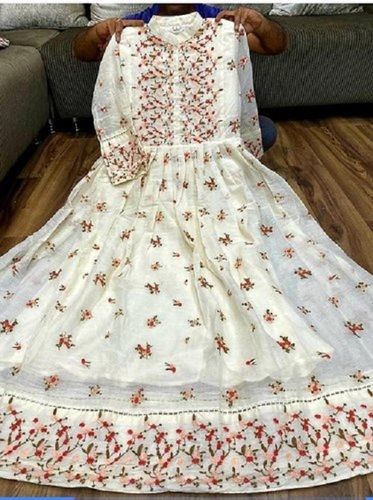 Ladies Round Neck Full Sleeves Skin Friendly Floral Print White Embroidered Gown