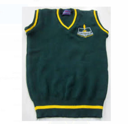 Green With Yellow Border Sleeveless Woolen Kids Sweater For School Uniform  Age Group: 10-15