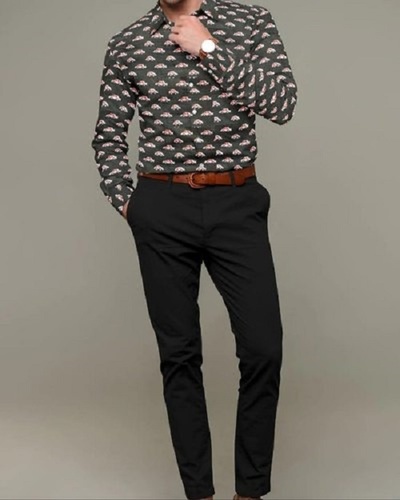 Men Lightweight Casual Wear Full Sleeve Straight Collar Printed Black Shirts Age Group: 19