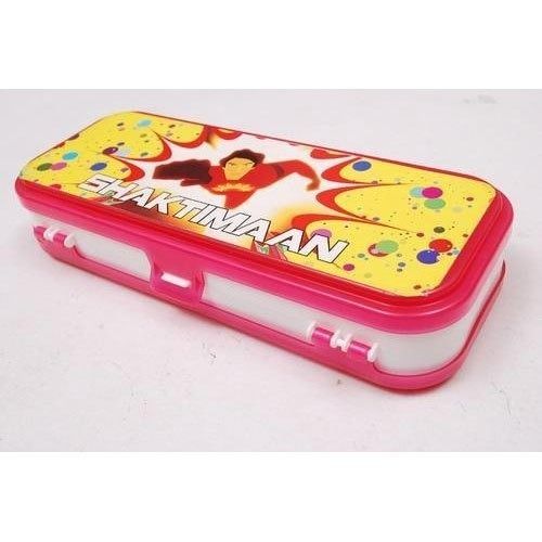 Pink And Golden Shaktiman Printed Rectangular Two Door Plastic Pencil Box