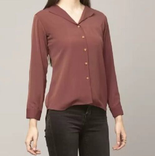 Brown Comfortable And Washable V Neck Full Sleeves Button Closure Ladies Cotton Shirt 