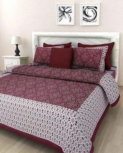 Breathable Maroon And White Cotton Printed Double Bedsheet With Two Pillow Cover For Home