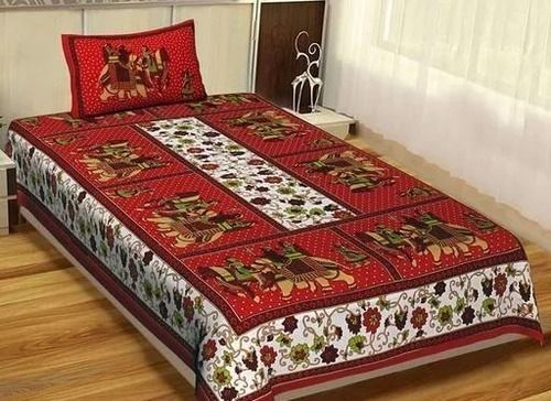 Breathable Red And White Cotton Printed Single Bedsheet With One Pillow Cover For Home