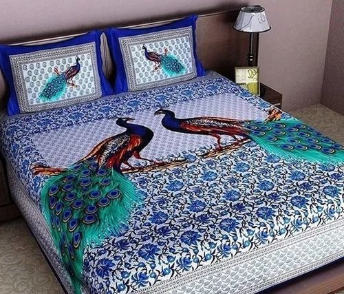 Stylish Peacock Printed Double Bedsheet With One Pillow Cover 