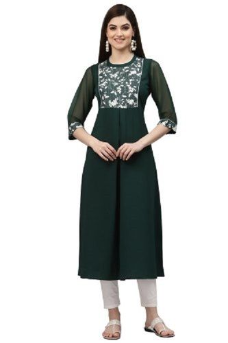 White And Green Printed Full Sleeves Round Neck Casual Wear Ladies Cotton Kurti Decoration Material: Paint