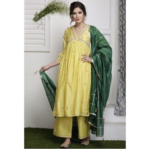 Yellow And Green Full Sleeves V Neck Party Wear Cotton Ladies Palazzo Suit Decoration Material: Beads