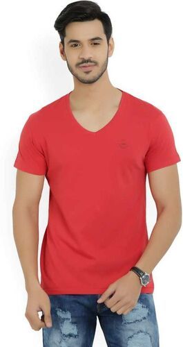 Short Sleeve Red Color Pure Cotton V Neck Men T Shirt