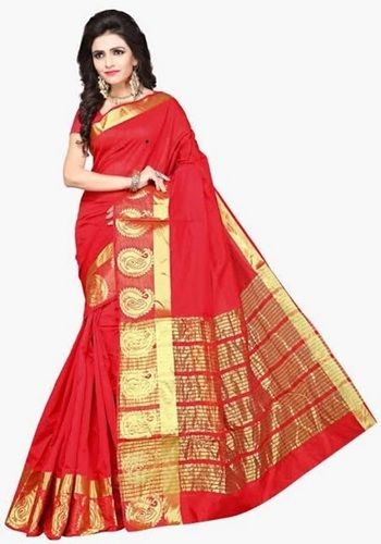 Printed Women Comfortable And Breathable Easy To Wear Red Yellow Cotton Silk Saree With Unstitched Blouse 