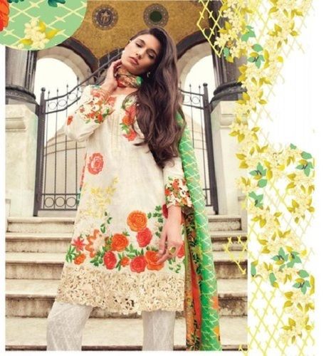 Women Light Weight And Comfortable Beautiful Embroidered White Printed Fancy Suit 