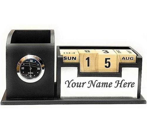 Paulownia Wood Black And White Polished Finish With Clock Wooden Pen Stand 20 X 7 X 9.5 Cm Size