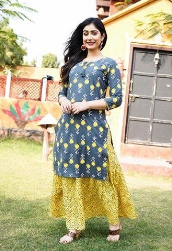 Round Neck Full Sleeves Yellow And Blue Cotton Ladies Skirt With Suit For Casual Wear Decoration Material: Paint