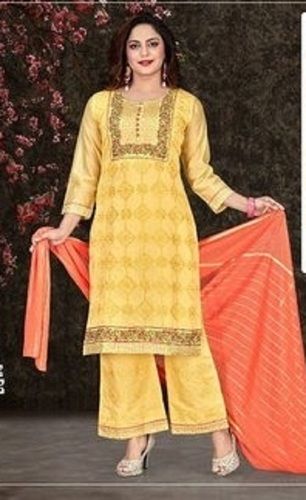 Comfortable And Washable Yellow And Orange Round Neck Cotton Palazzo Suit  Decoration Material: Paint