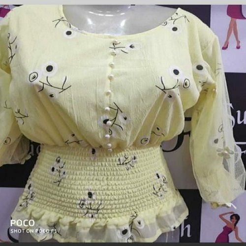 Girls Light Weight Comfortable And Fashionable Round Neck Yellow Printed Top