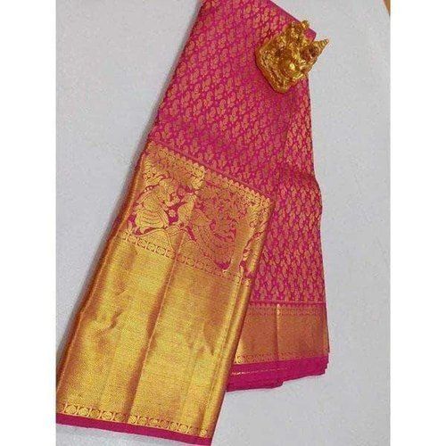 Printed Gorgeous Look Attractive Pink With Golden Mix Combination Party And Weding Wear Bridal Saree Silk Saree With Blouse Set