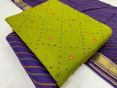 Green And Purple Printed Casual Wear With Dupatta Ladies Unstitched Cotton Suit  Decoration Material: Beads