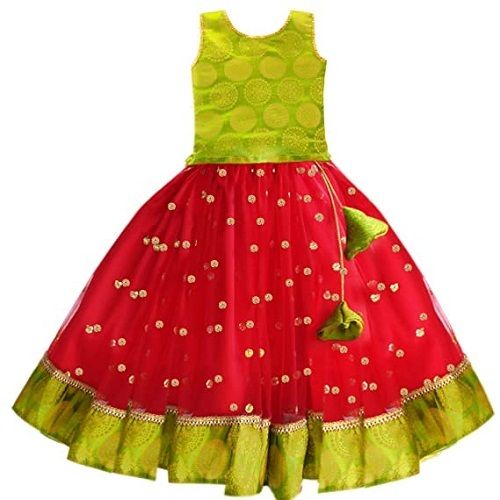 Printed Kids Skin Friendly Breathable Comfortable Beautiful Party Wear Red Green Frock 