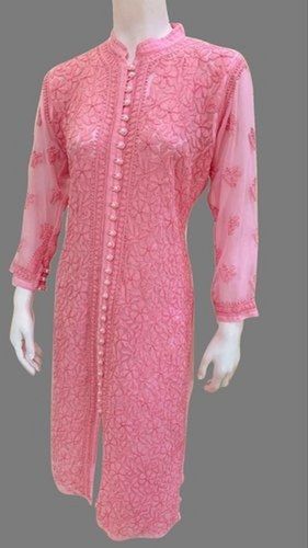 Silk Simple Elagant And Party Wear Straight Pink Chiffon Full Sleeves Chikan Kurti 