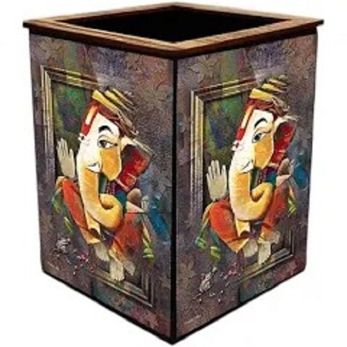 Polished Square Shape Multicolour God Painting Design Wooden Pen Stand 220 Gm Weight